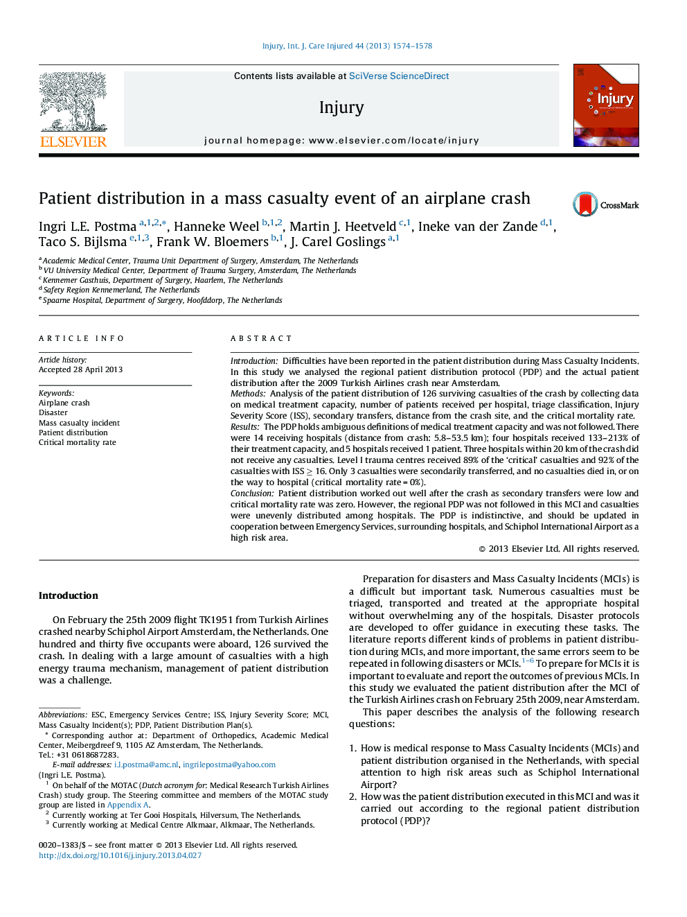 Patient distribution in a mass casualty event of an airplane crash