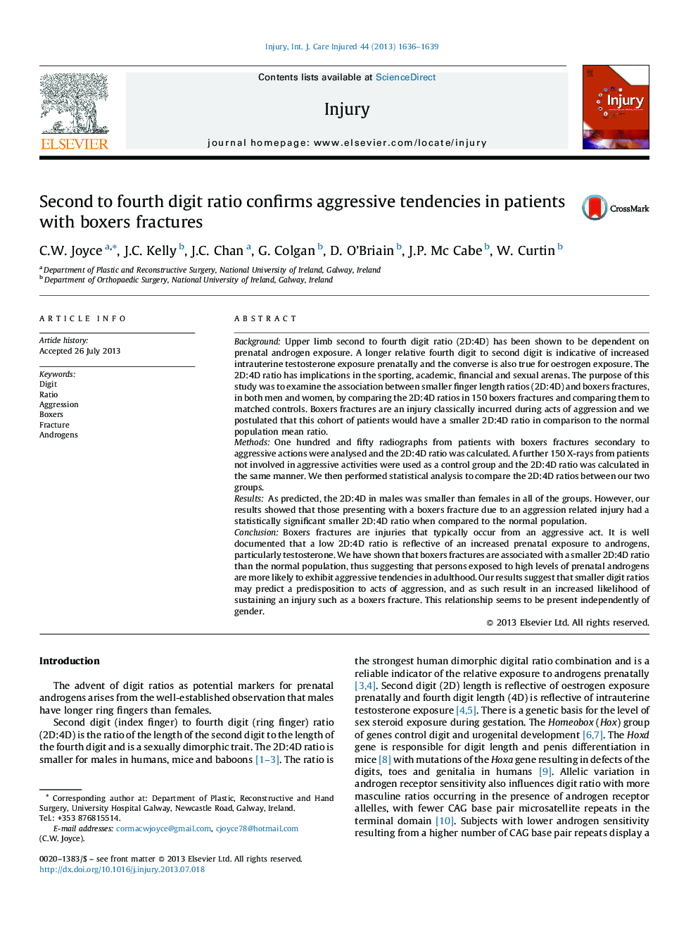 Second to fourth digit ratio confirms aggressive tendencies in patients with boxers fractures