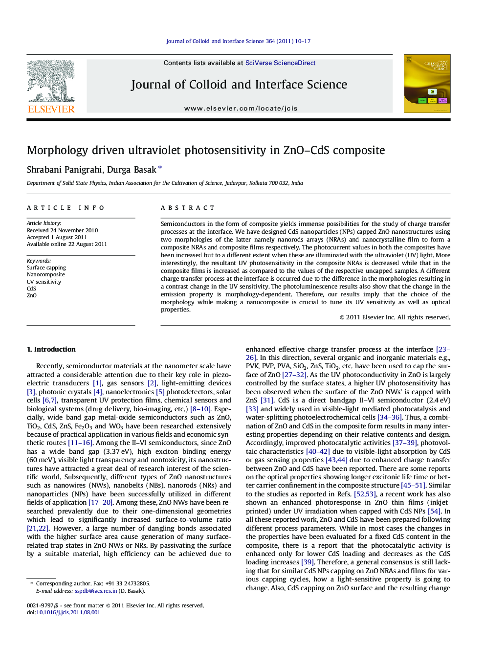 Morphology driven ultraviolet photosensitivity in ZnO-CdS composite