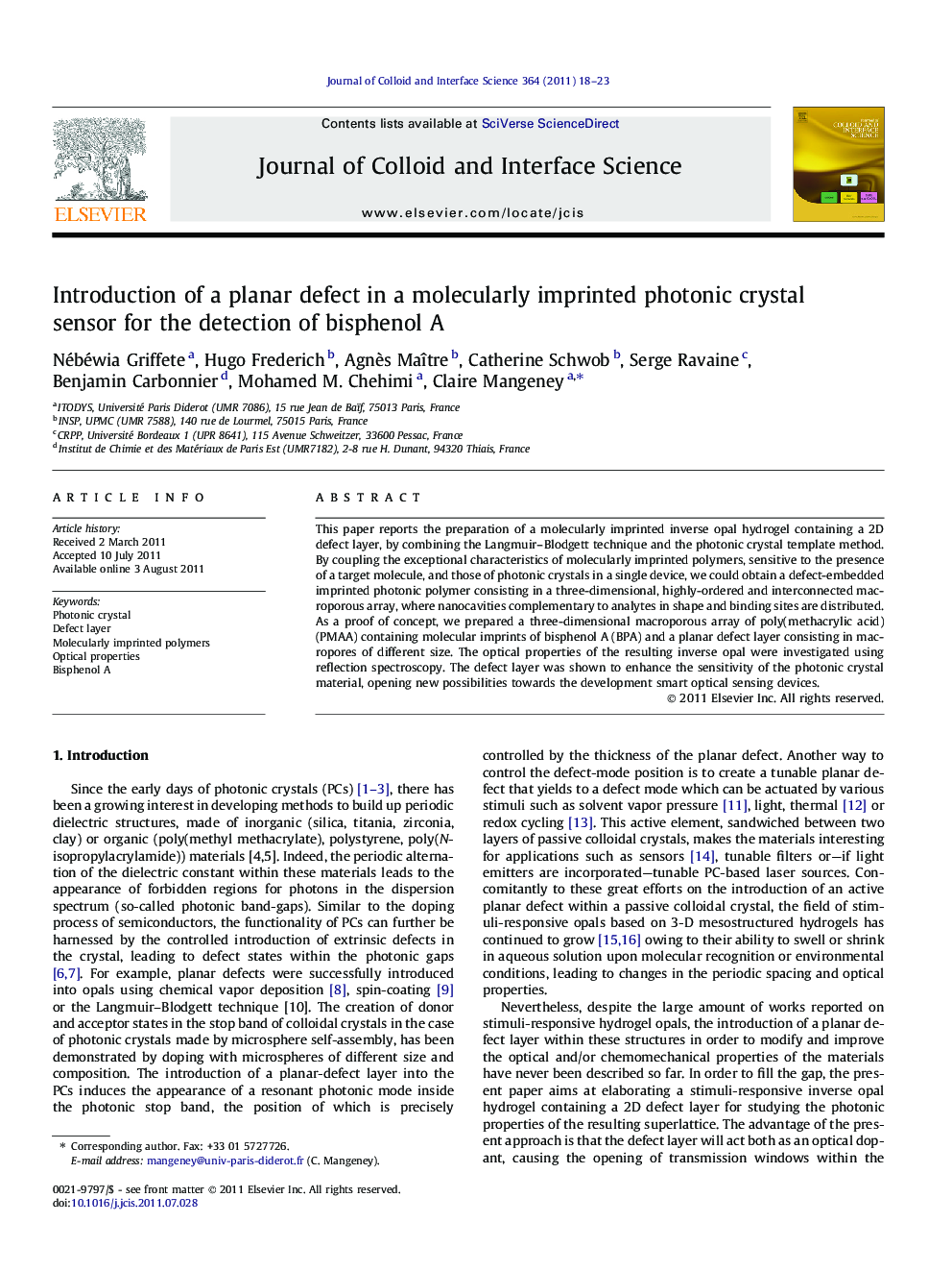 Introduction of a planar defect in a molecularly imprinted photonic crystal sensor for the detection of bisphenol A