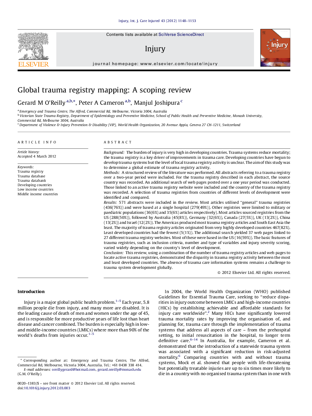 Global trauma registry mapping: A scoping review