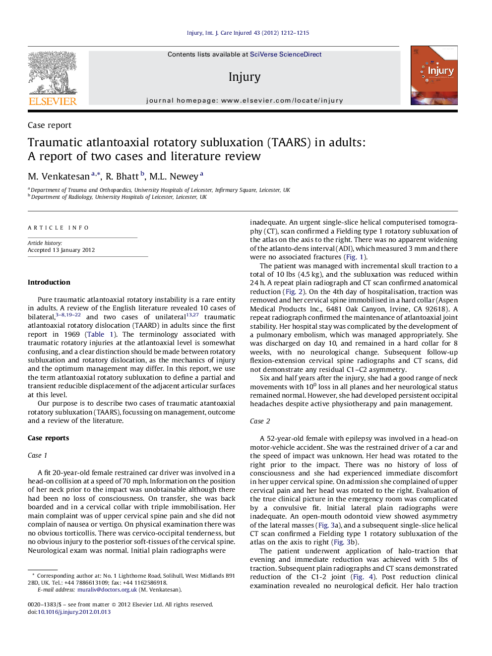 Traumatic atlantoaxial rotatory subluxation (TAARS) in adults: A report of two cases and literature review