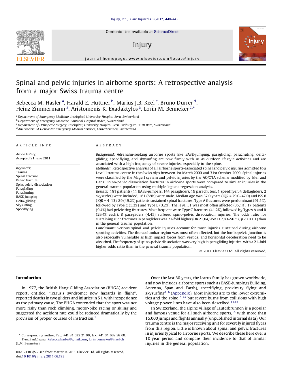 Spinal and pelvic injuries in airborne sports: A retrospective analysis from a major Swiss trauma centre