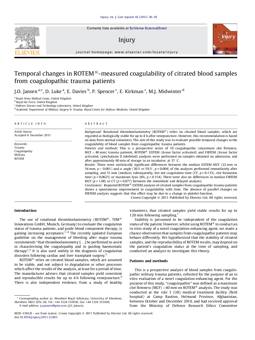 Temporal changes in ROTEM®-measured coagulability of citrated blood samples from coagulopathic trauma patients