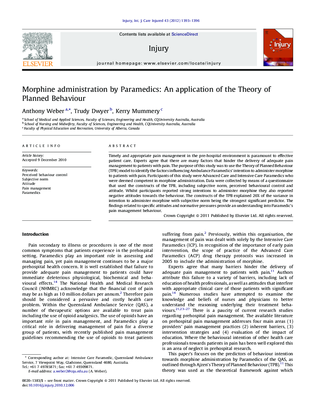 Morphine administration by Paramedics: An application of the Theory of Planned Behaviour