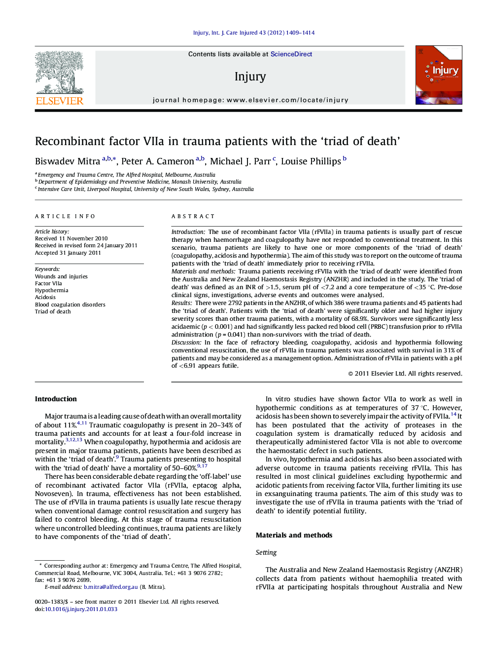 Recombinant factor VIIa in trauma patients with the 'triad of death'