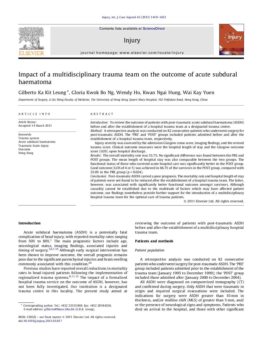 Impact of a multidisciplinary trauma team on the outcome of acute subdural haematoma