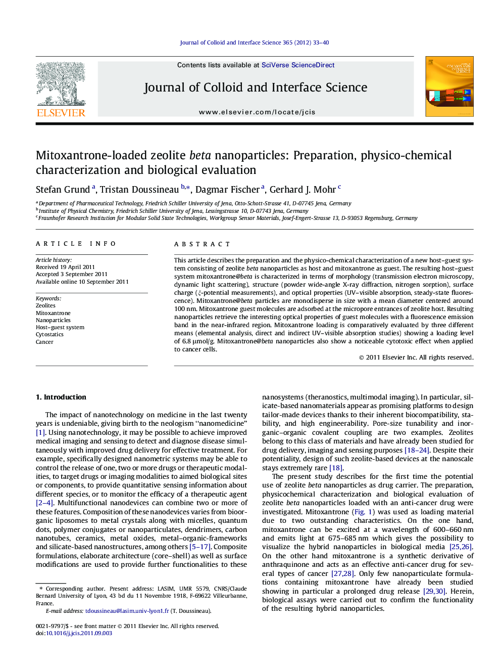 Mitoxantrone-loaded zeolite beta nanoparticles: Preparation, physico-chemical characterization and biological evaluation