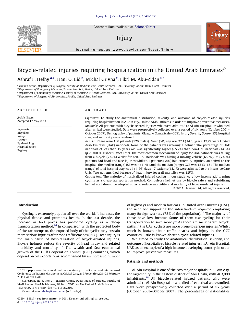 Bicycle-related injuries requiring hospitalization in the United Arab Emirates
