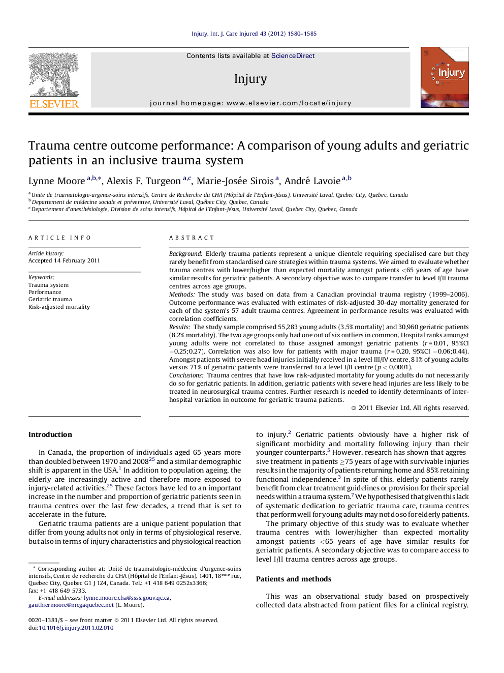 Trauma centre outcome performance: A comparison of young adults and geriatric patients in an inclusive trauma system