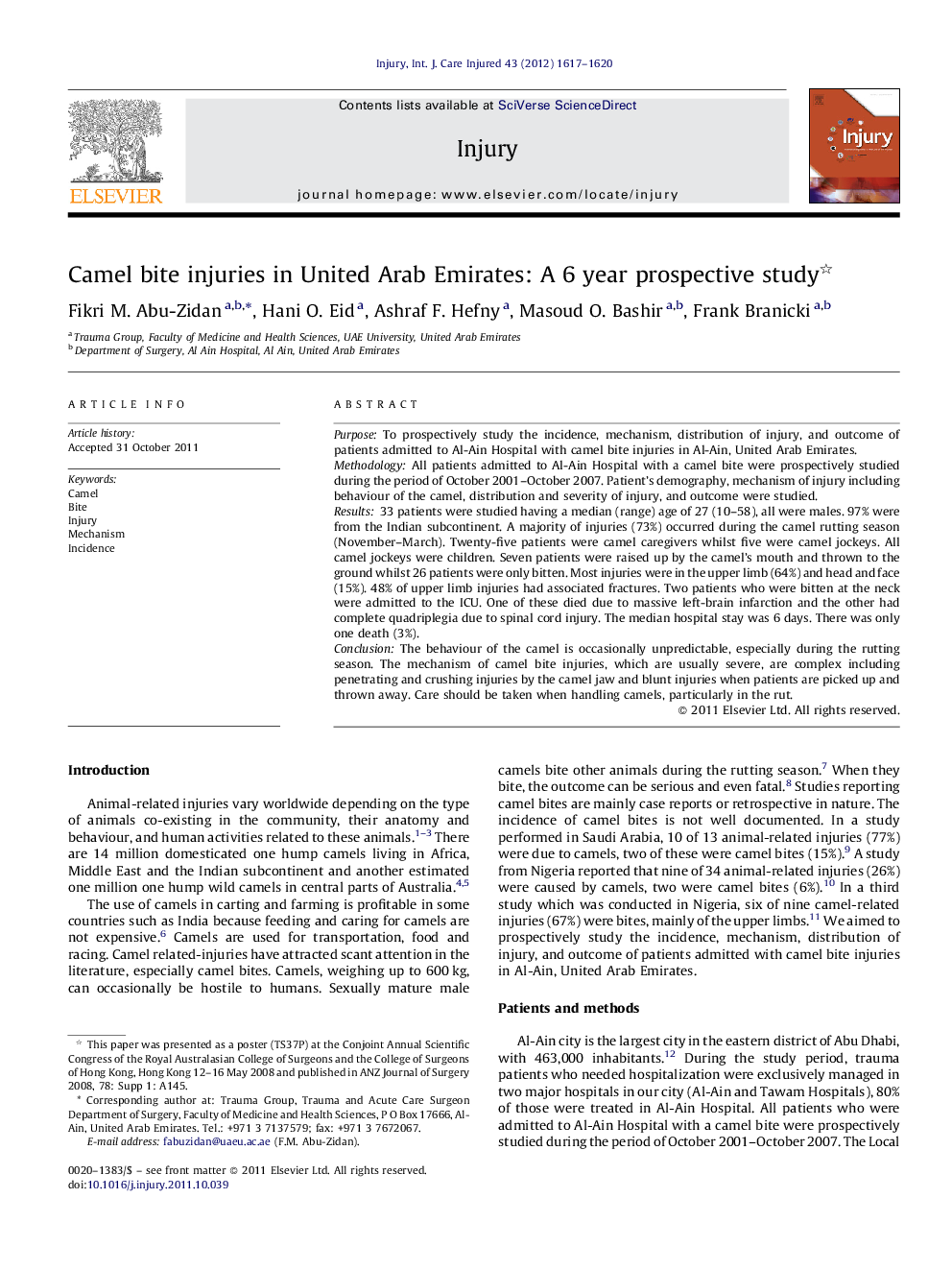 Camel bite injuries in United Arab Emirates: A 6 year prospective study