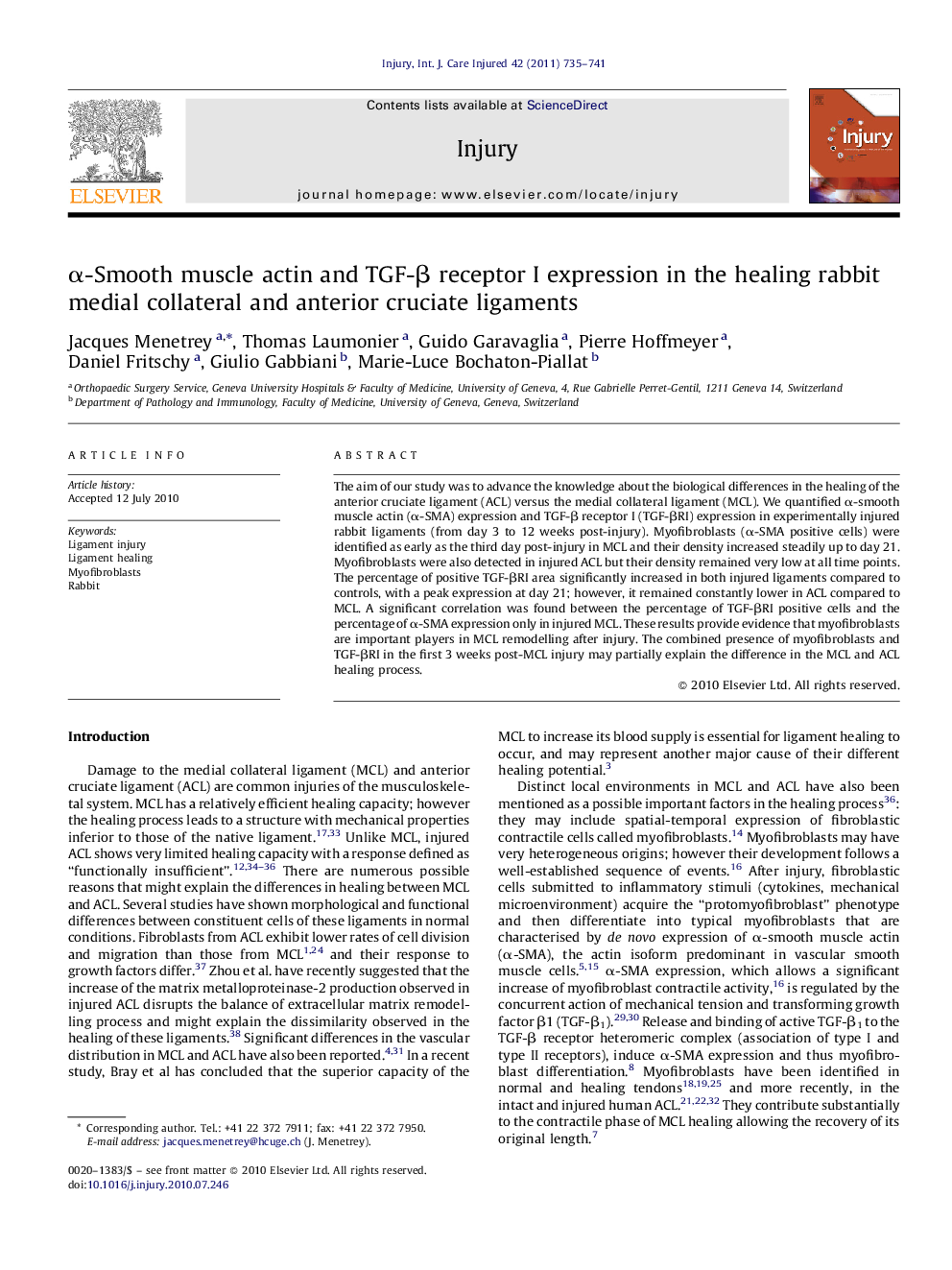 Î±-Smooth muscle actin and TGF-Î² receptor I expression in the healing rabbit medial collateral and anterior cruciate ligaments