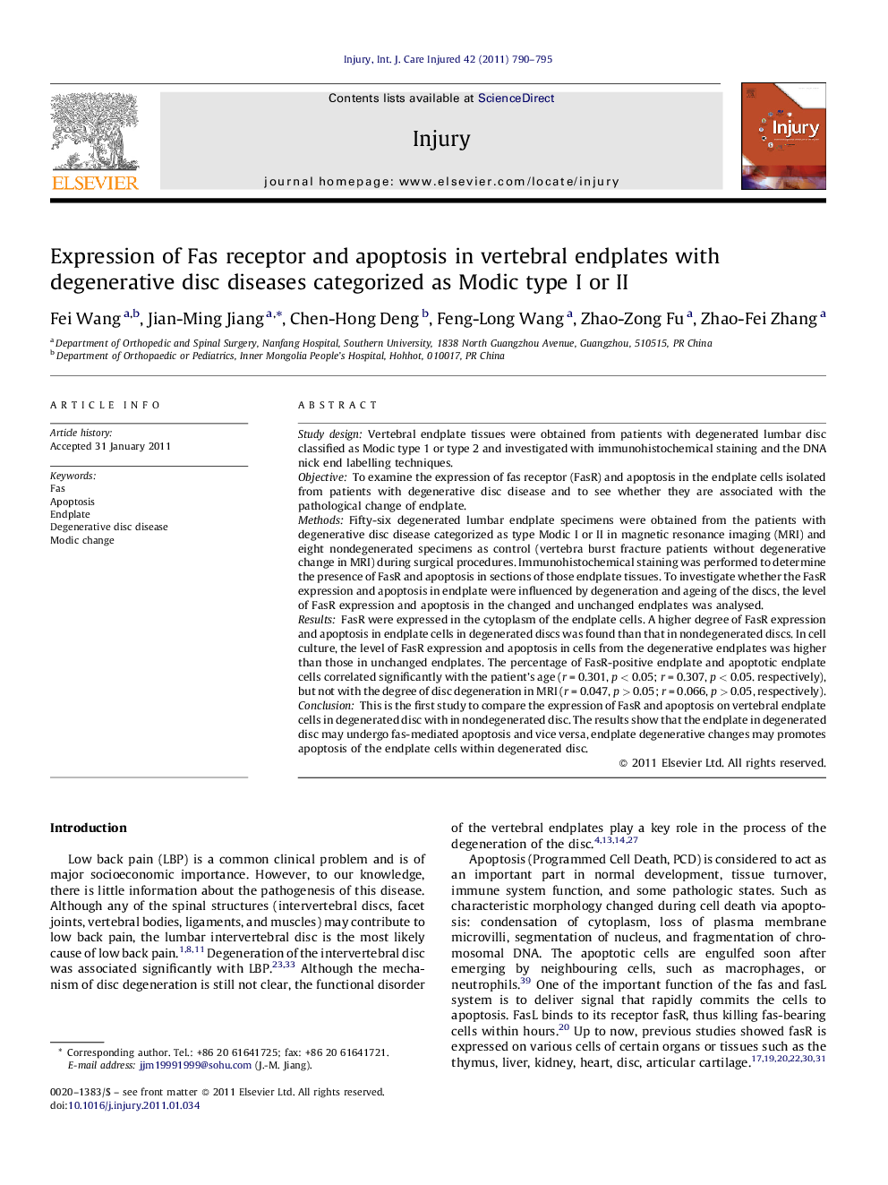 Expression of Fas receptor and apoptosis in vertebral endplates with degenerative disc diseases categorized as Modic type I or II