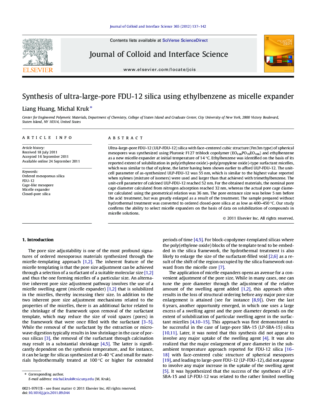 Synthesis of ultra-large-pore FDU-12 silica using ethylbenzene as micelle expander