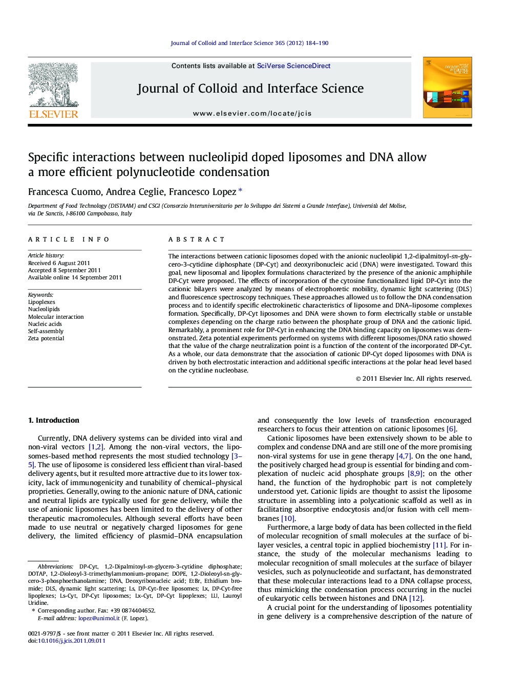 Specific interactions between nucleolipid doped liposomes and DNA allow a more efficient polynucleotide condensation