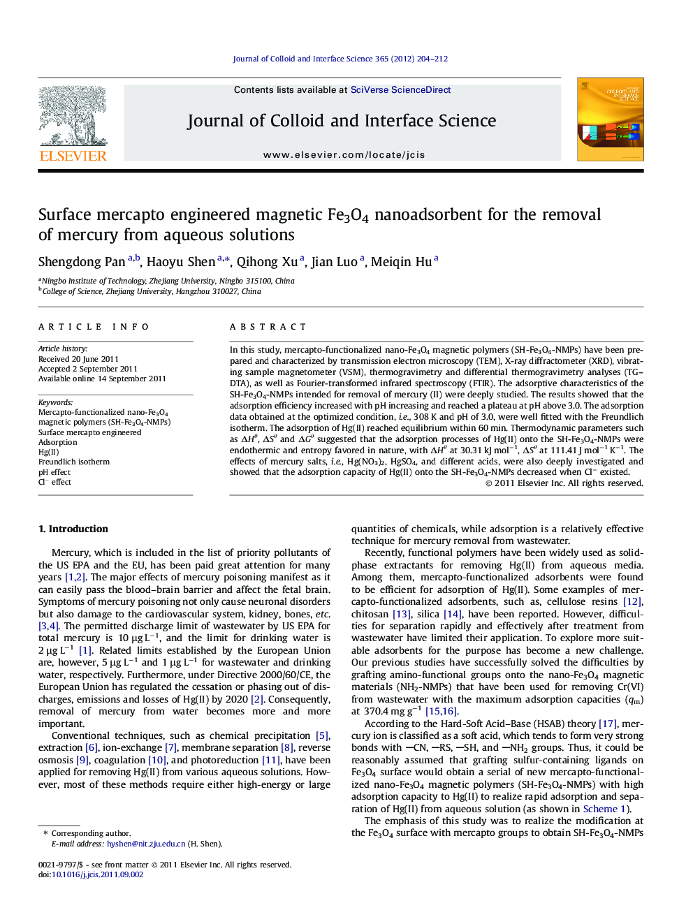 Surface mercapto engineered magnetic Fe3O4 nanoadsorbent for the removal of mercury from aqueous solutions