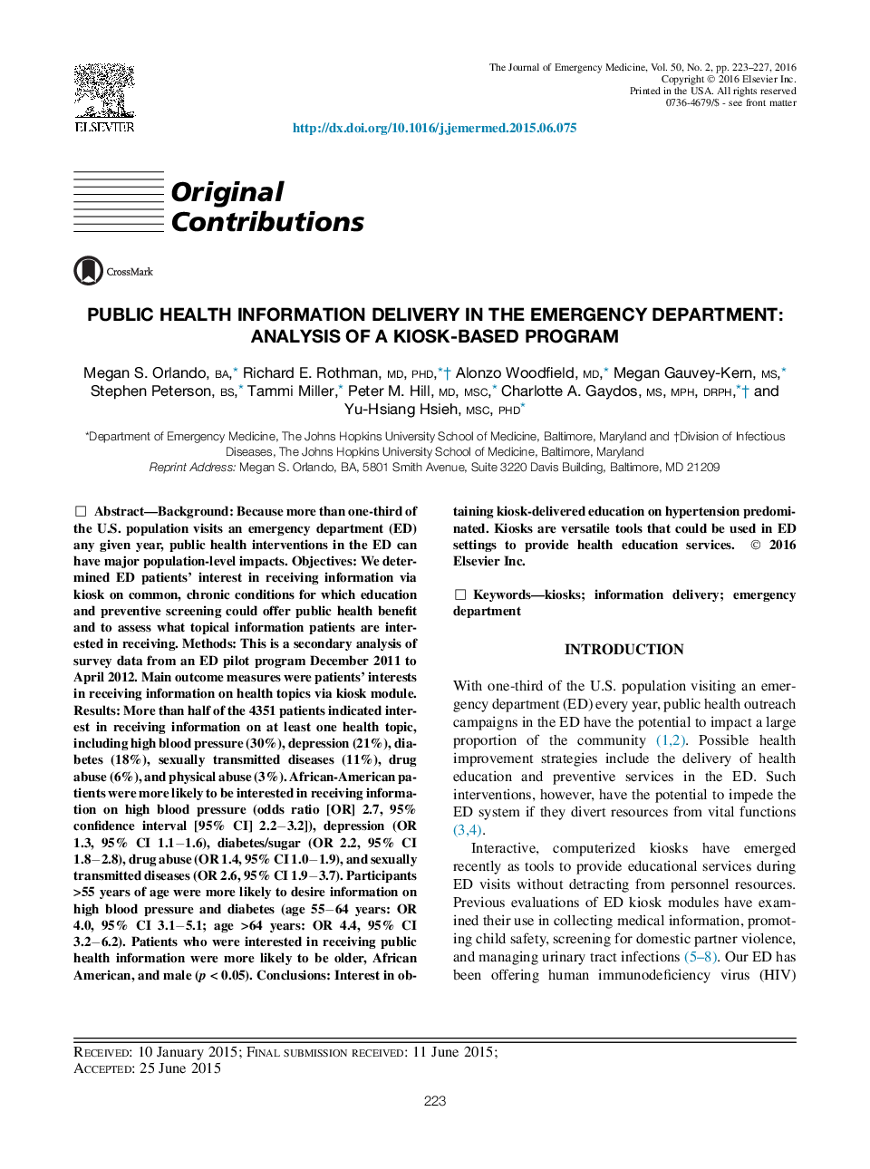 Original ContributionsPublic Health Information Delivery in the Emergency Department: Analysis of a Kiosk-Based Program