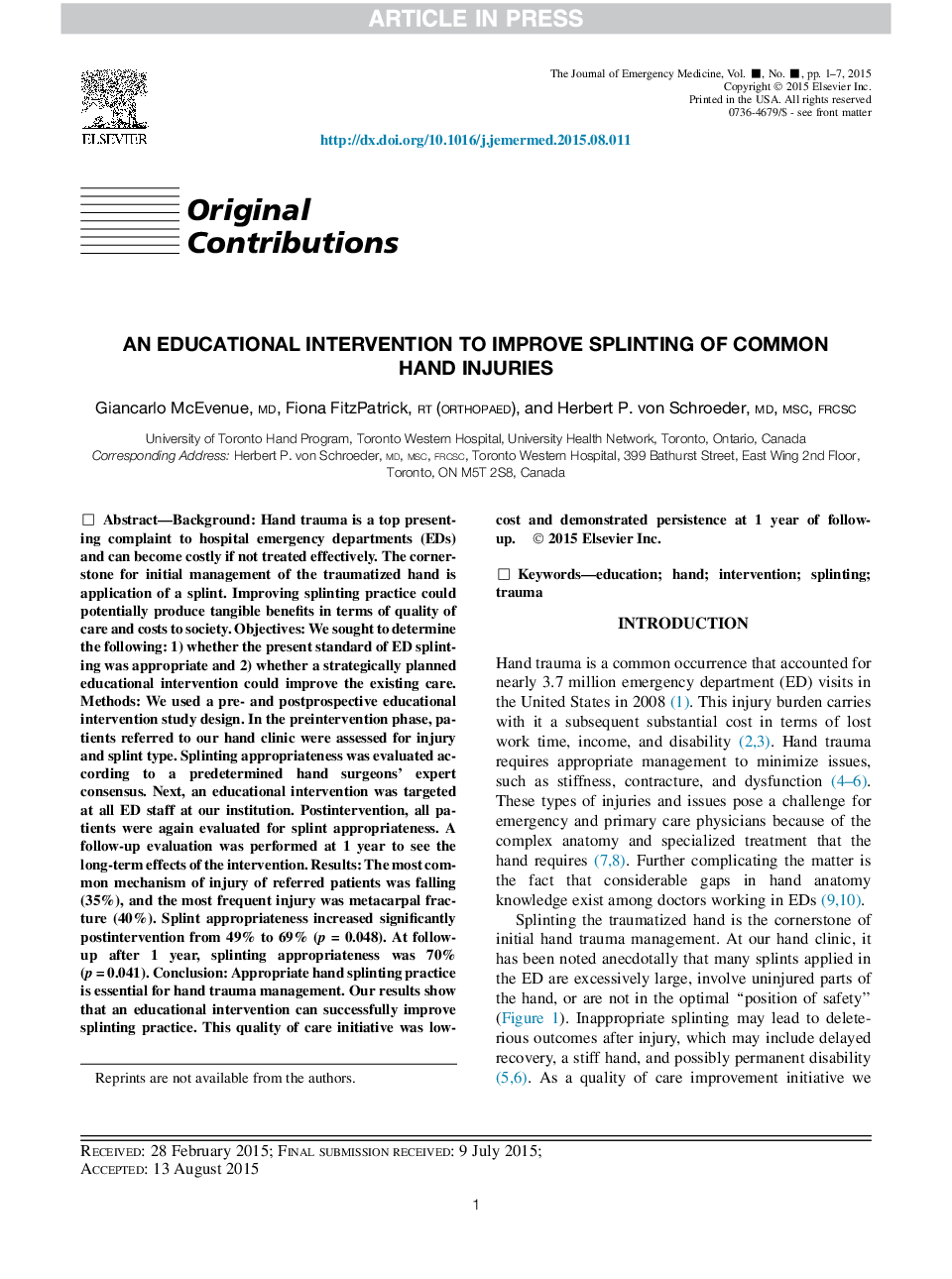 An Educational Intervention to Improve Splinting of Common Hand Injuries