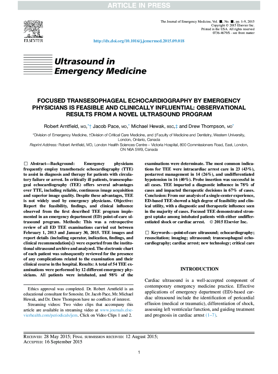 Focused Transesophageal Echocardiography by Emergency Physicians is Feasible and Clinically Influential: Observational Results from a Novel Ultrasound Program