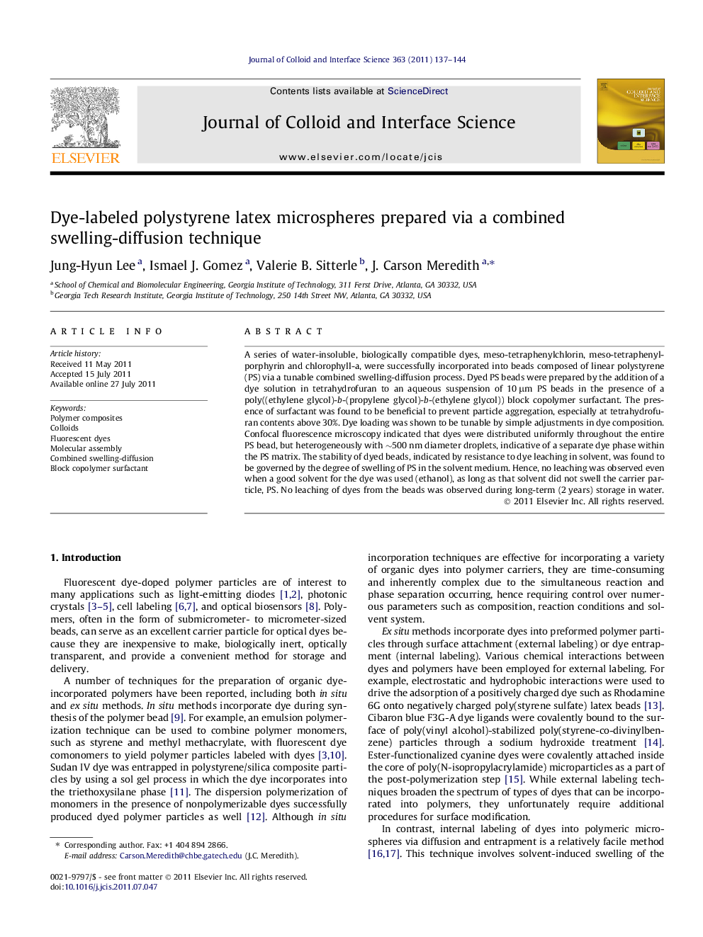 Dye-labeled polystyrene latex microspheres prepared via a combined swelling-diffusion technique