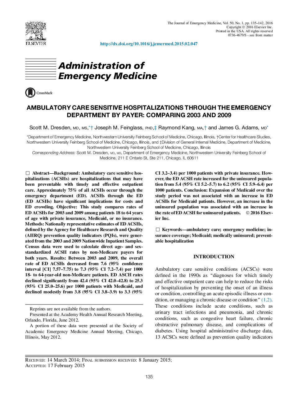 Administration of Emergency MedicineAmbulatory Care Sensitive Hospitalizations Through the Emergency Department by Payer: Comparing 2003 and 2009