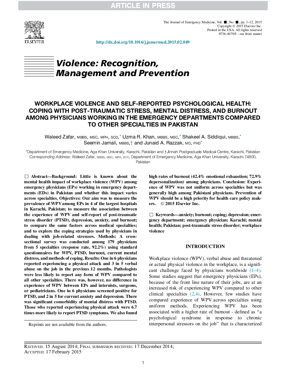 Workplace Violence and Self-reported Psychological Health: Coping with Post-traumatic Stress, Mental Distress, and Burnout among Physicians Working in the Emergency Departments Compared to Other Specialties in Pakistan