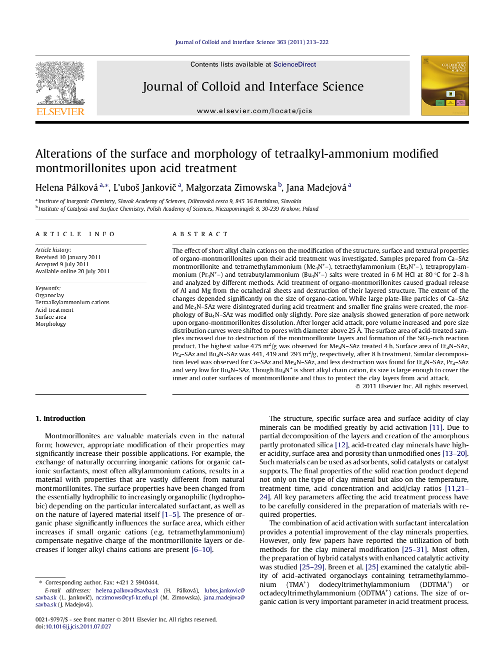 Alterations of the surface and morphology of tetraalkyl-ammonium modified montmorillonites upon acid treatment