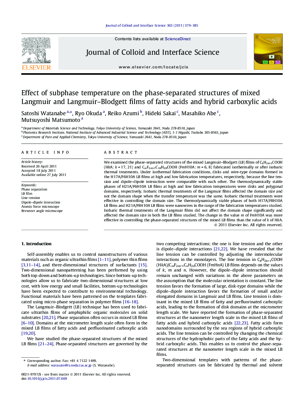 Effect of subphase temperature on the phase-separated structures of mixed Langmuir and Langmuir–Blodgett films of fatty acids and hybrid carboxylic acids