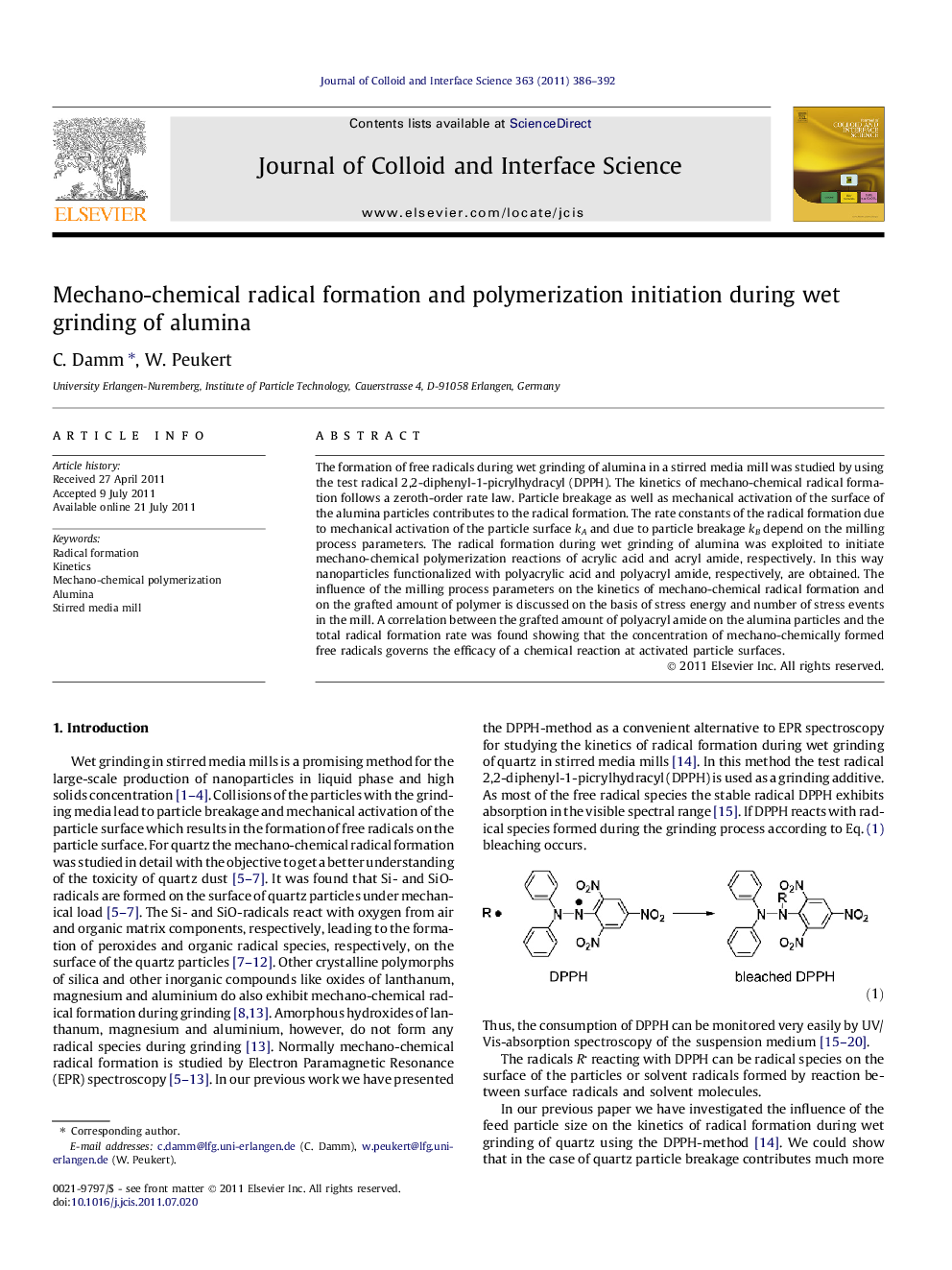 Mechano-chemical radical formation and polymerization initiation during wet grinding of alumina