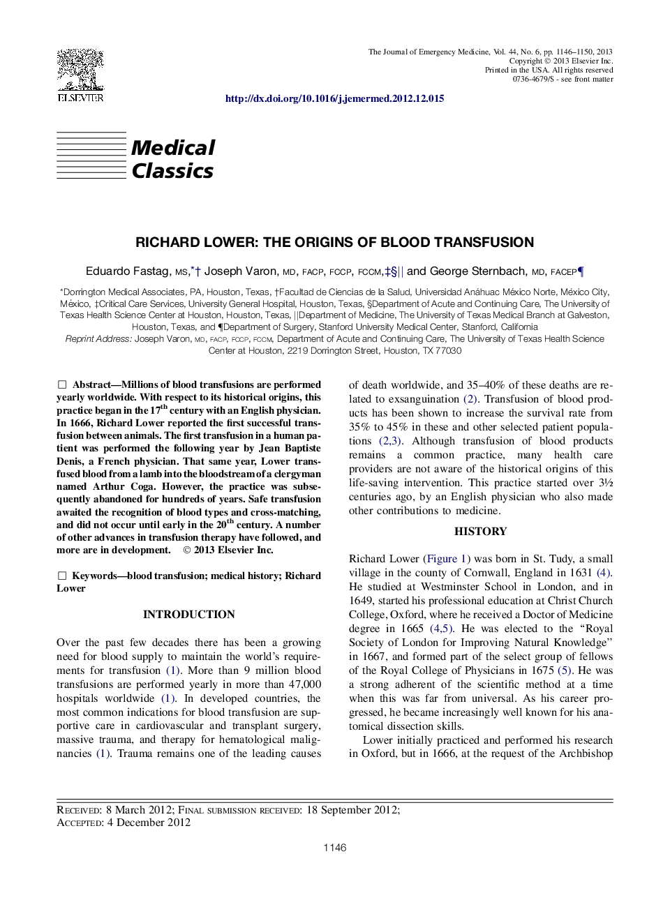 Medical ClassicsRichard Lower: The Origins of Blood Transfusion