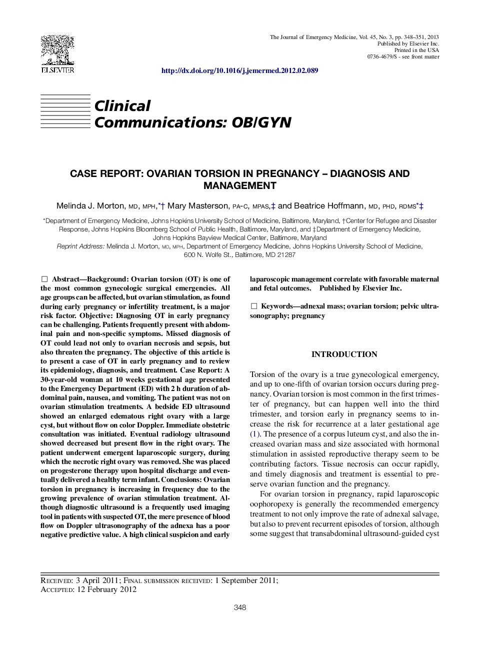 Clinical Communications: OB/GYNCase Report: Ovarian Torsion in Pregnancy - Diagnosis and Management