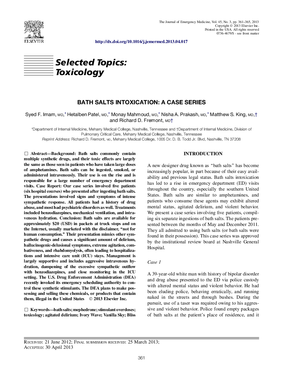 Selected Topics: ToxicologyBath Salts Intoxication: A Case Series