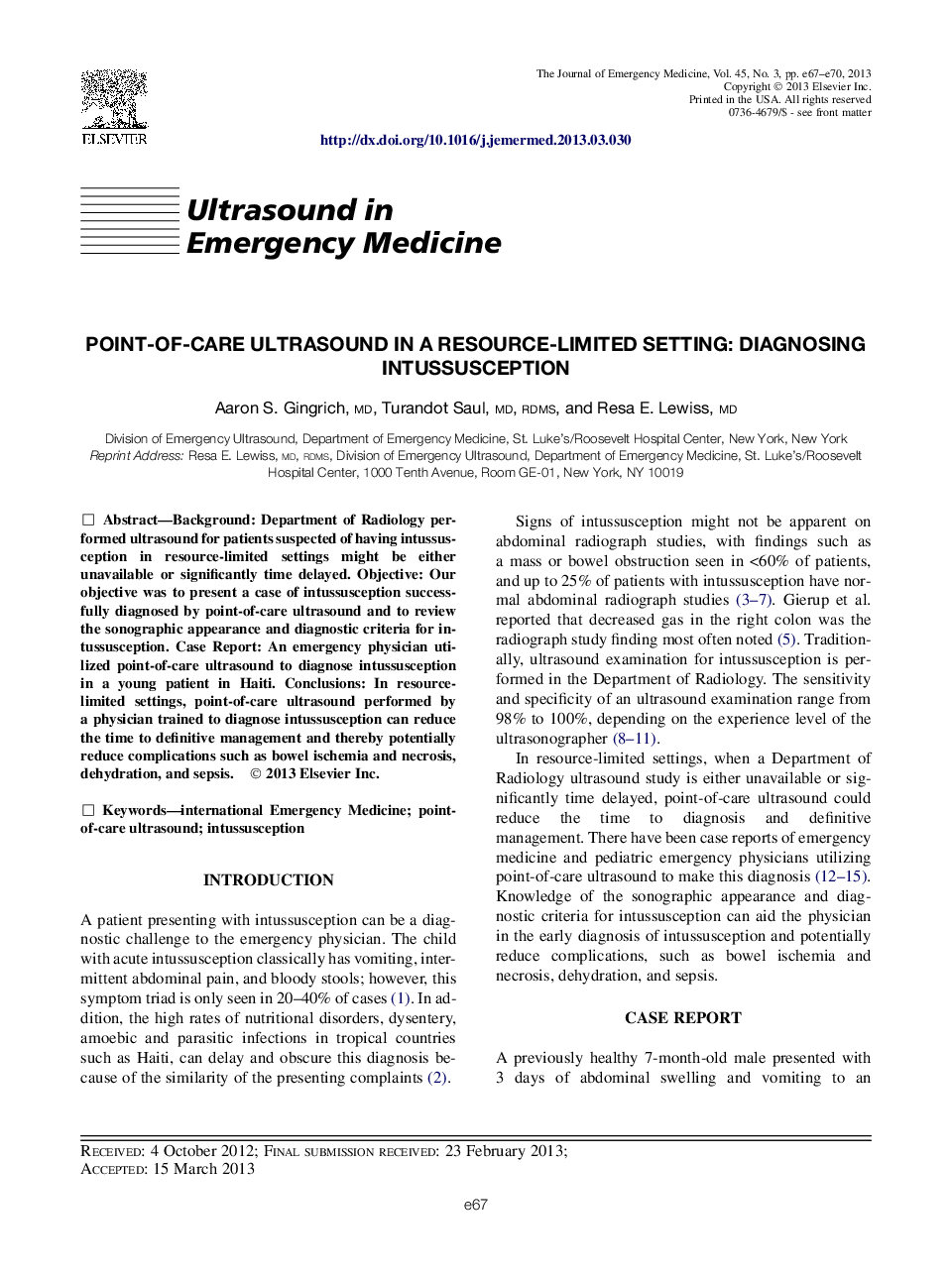 Ultrasound in Emergency MedicinePoint-of-care Ultrasound in a Resource-Limited Setting: Diagnosing Intussusception