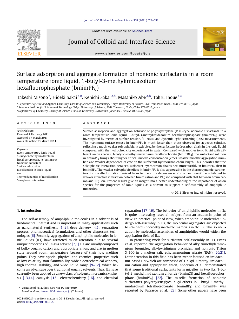 Surface adsorption and aggregate formation of nonionic surfactants in a room temperature ionic liquid, 1-butyl-3-methylimidazolium hexafluorophosphate (bmimPF6)