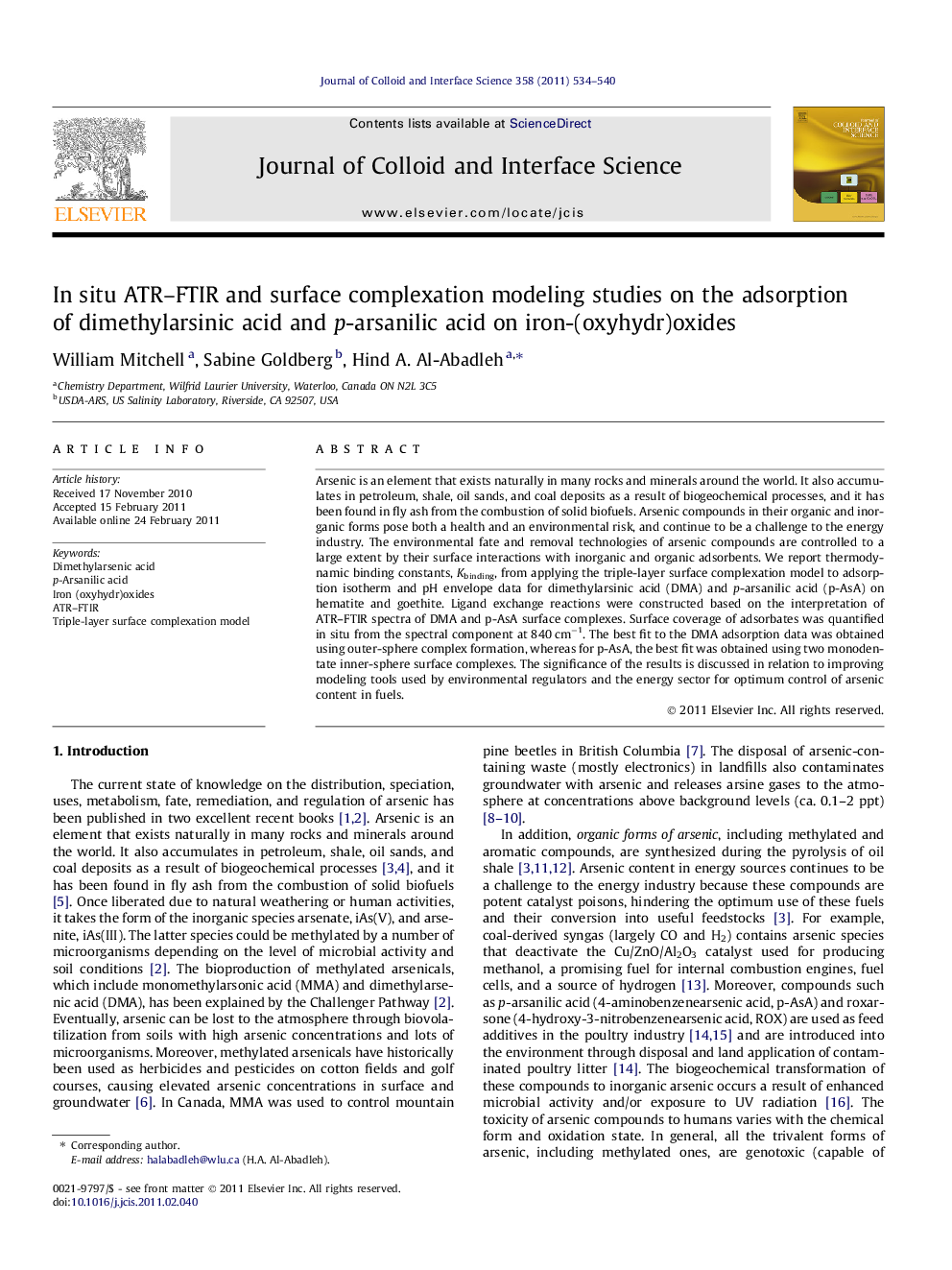 In situ ATR–FTIR and surface complexation modeling studies on the adsorption of dimethylarsinic acid and p-arsanilic acid on iron-(oxyhydr)oxides