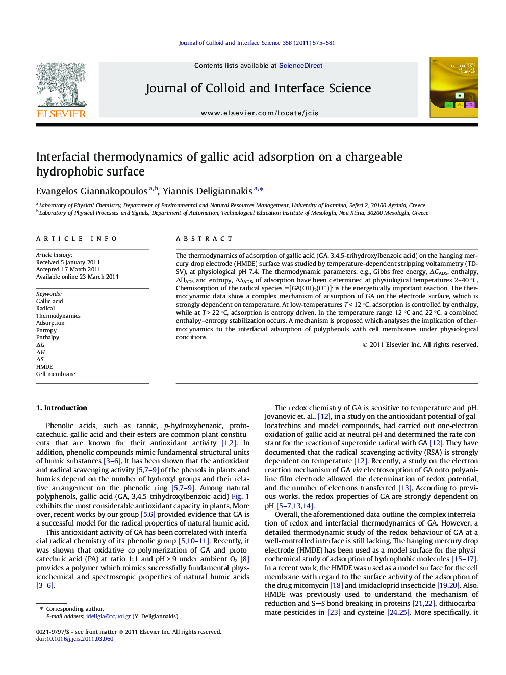 Interfacial thermodynamics of gallic acid adsorption on a chargeable hydrophobic surface