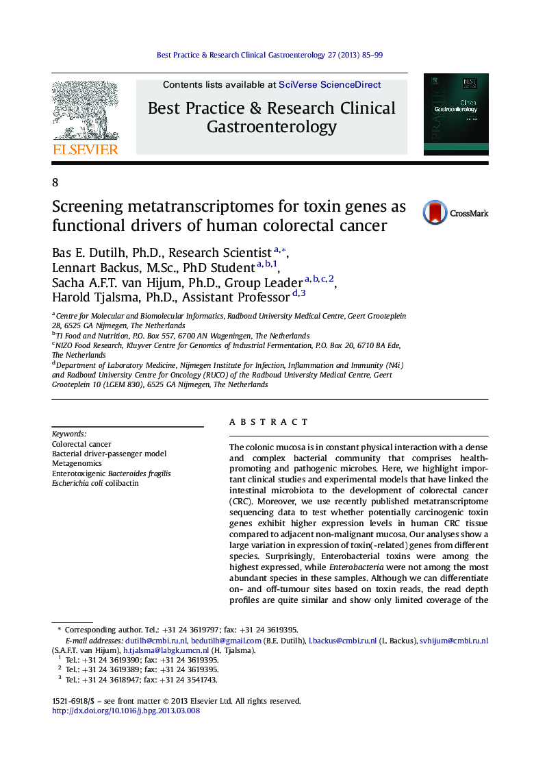 8Screening metatranscriptomes for toxin genes as functional drivers of human colorectal cancer
