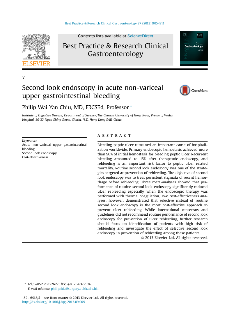 Second look endoscopy in acute non-variceal upper gastrointestinal bleeding