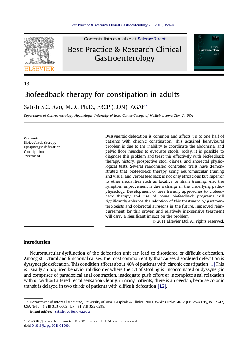 Biofeedback therapy for constipation in adults