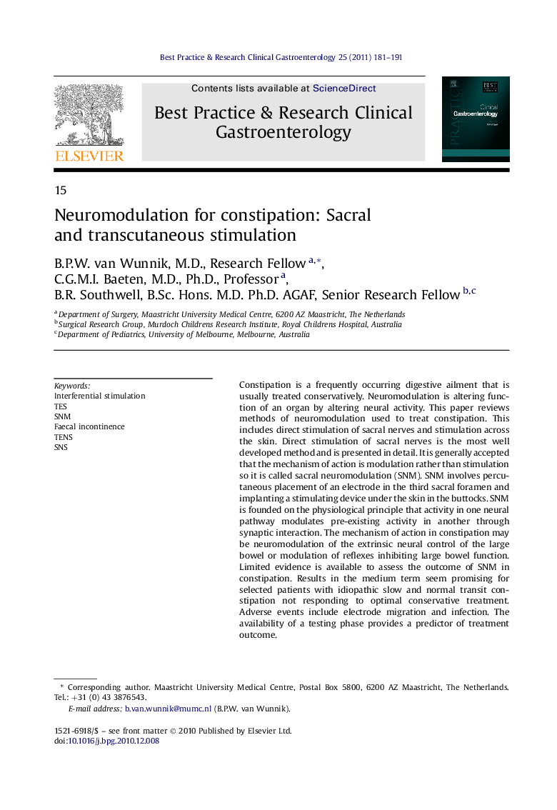 15Neuromodulation for constipation: Sacral and transcutaneous stimulation