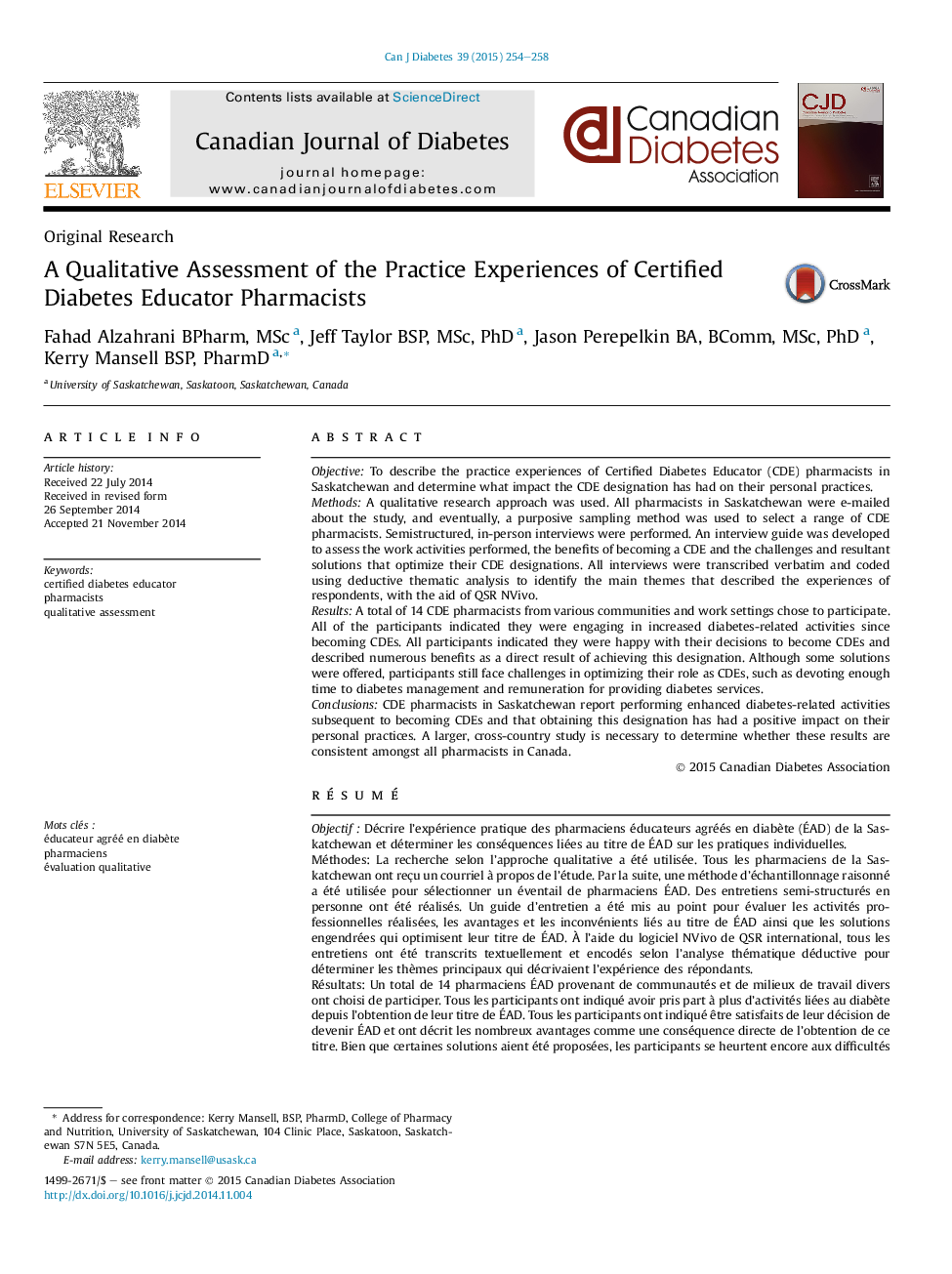 Original ResearchA Qualitative Assessment of the Practice Experiences of Certified Diabetes Educator Pharmacists