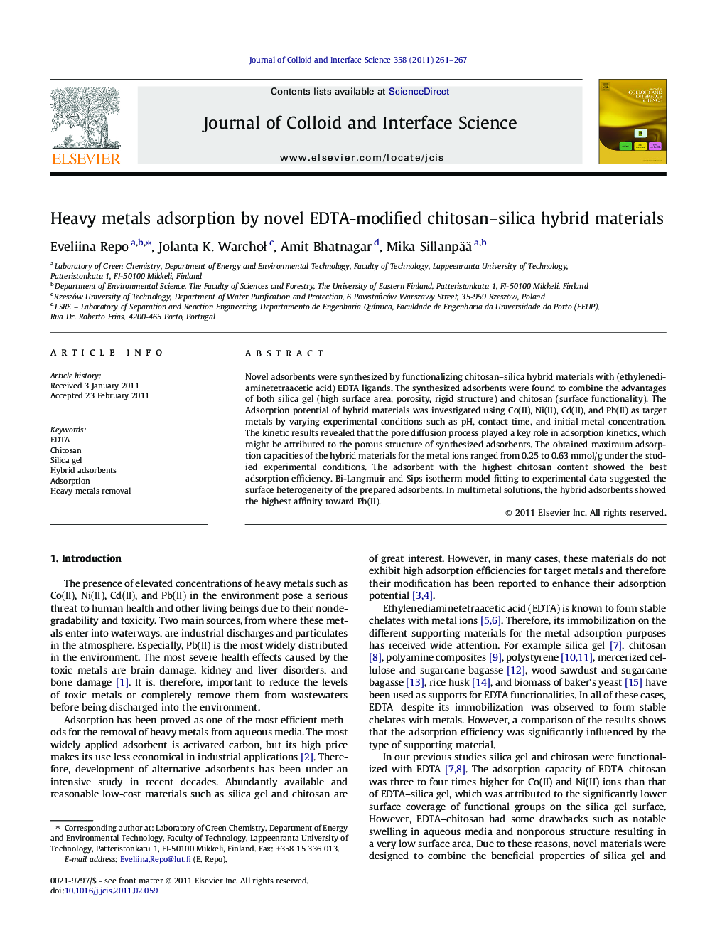 Heavy metals adsorption by novel EDTA-modified chitosan–silica hybrid materials