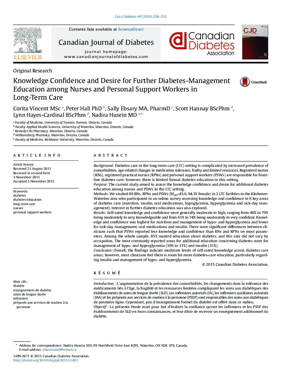 Original ResearchKnowledge Confidence and Desire for Further Diabetes-Management Education among Nurses and Personal Support Workers in Long-Term Care