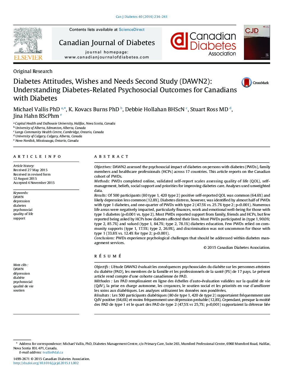 Original ResearchDiabetes Attitudes, Wishes and Needs Second Study (DAWN2): Understanding Diabetes-Related Psychosocial Outcomes for Canadians with Diabetes