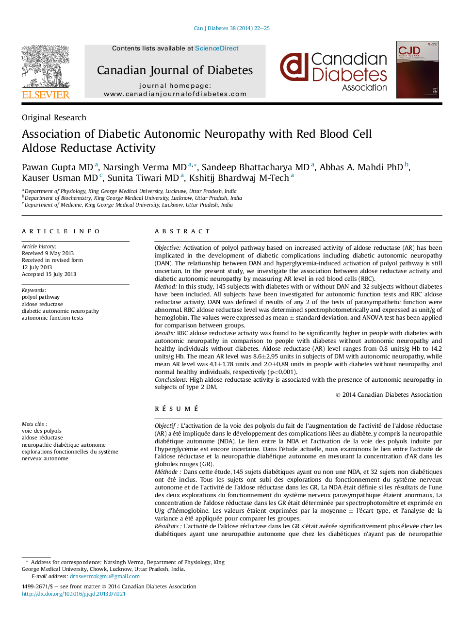 Original ResearchAssociation of Diabetic Autonomic Neuropathy with Red Blood Cell Aldose Reductase Activity