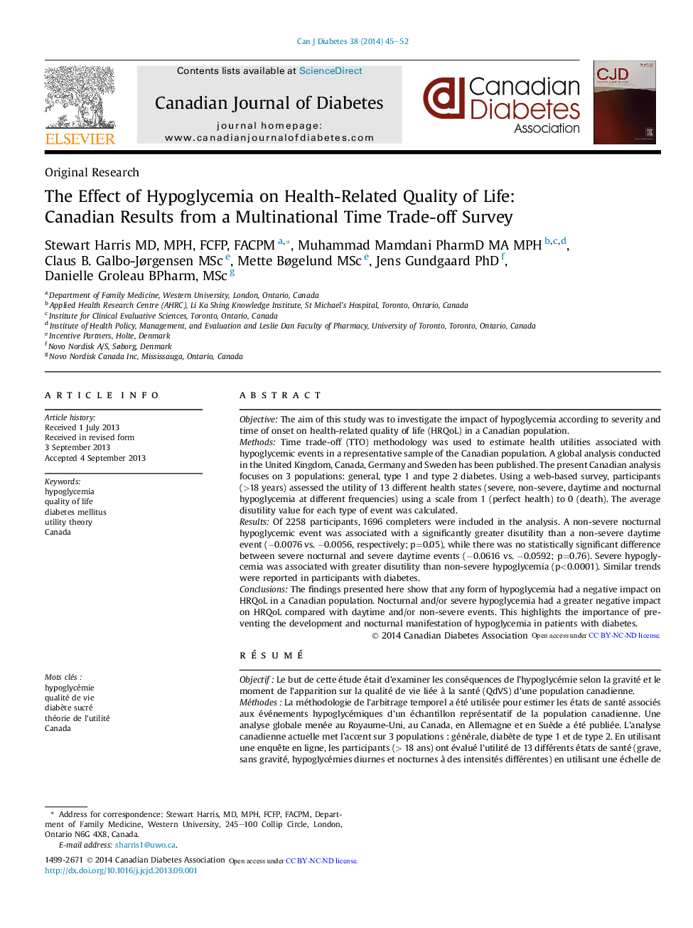 Original ResearchThe Effect of Hypoglycemia on Health-Related Quality of Life: Canadian Results from a Multinational Time Trade-off Survey