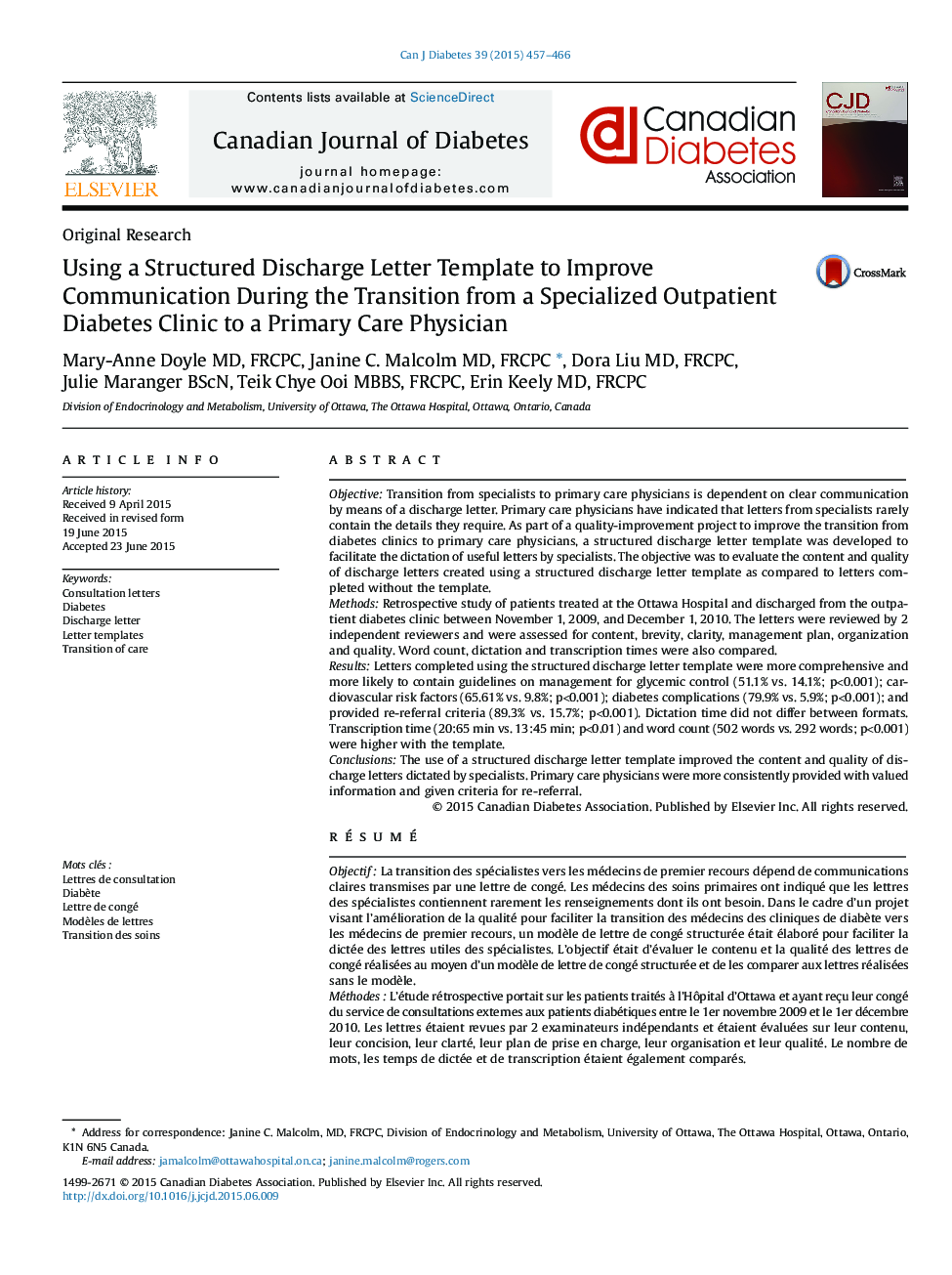 Original ResearchUsing a Structured Discharge Letter Template to Improve Communication During the Transition from a Specialized Outpatient Diabetes Clinic to a Primary Care Physician