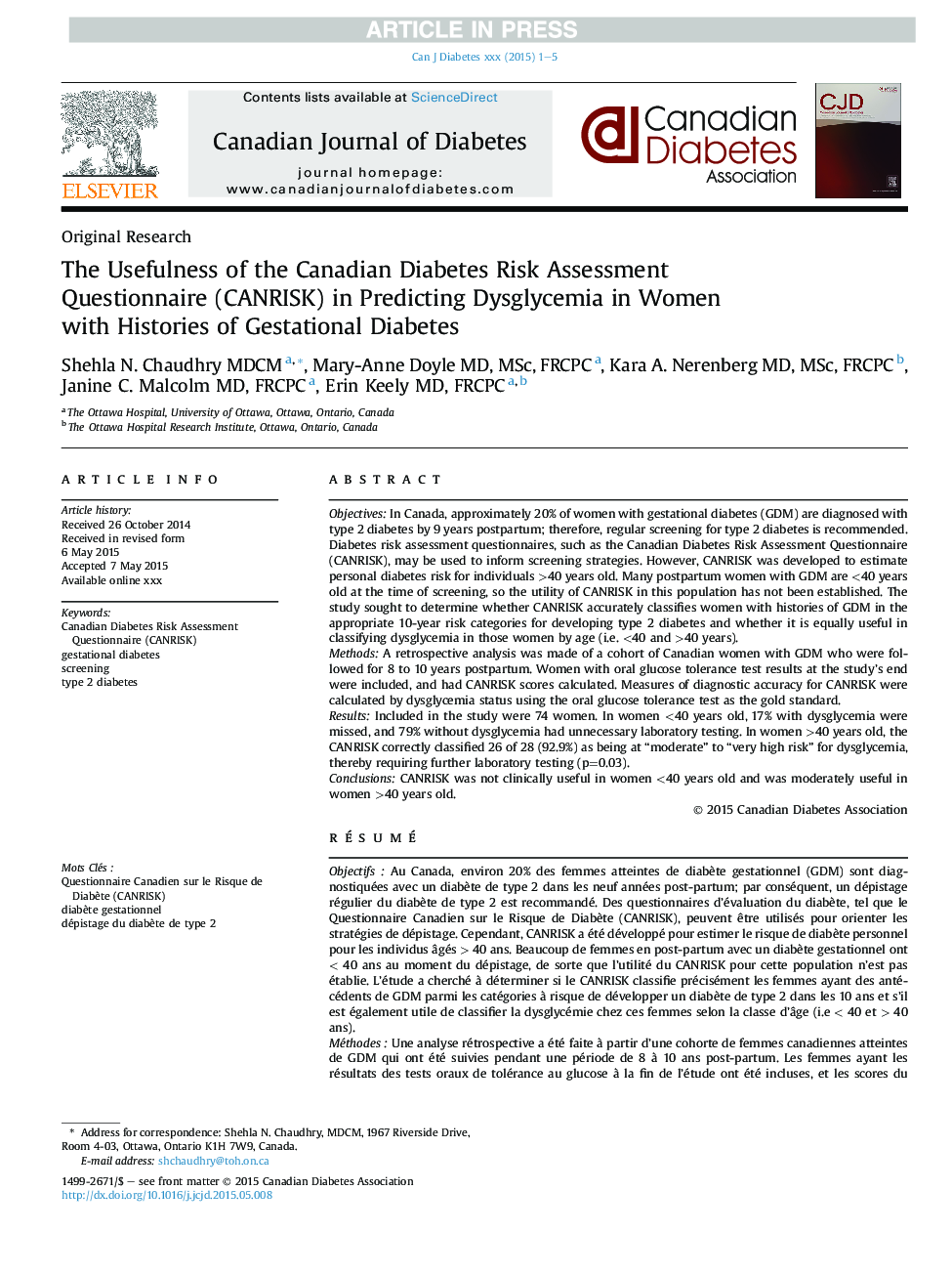 The Usefulness of the Canadian Diabetes Risk Assessment Questionnaire (CANRISK) in Predicting Dysglycemia in Women withÂ Histories of Gestational Diabetes