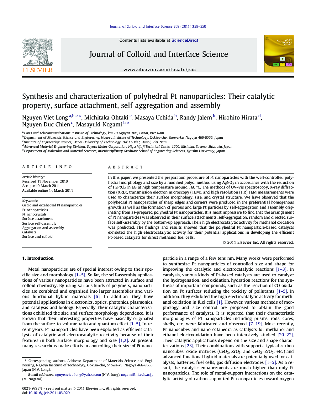 Synthesis and characterization of polyhedral Pt nanoparticles: Their catalytic property, surface attachment, self-aggregation and assembly