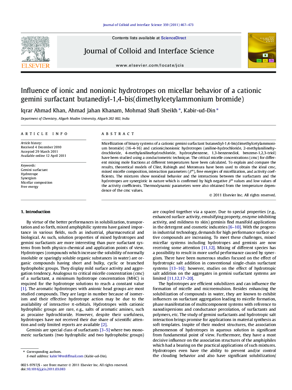 Influence of ionic and nonionic hydrotropes on micellar behavior of a cationic gemini surfactant butanediyl-1,4-bis(dimethylcetylammonium bromide)